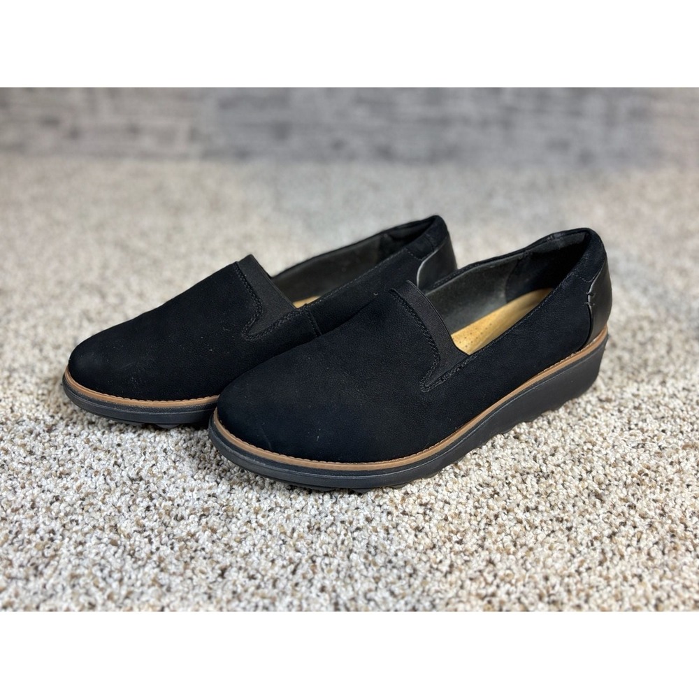 Clarks Collection Sharon Dolly Black Suede Slip On Wedge Loafer Shoes